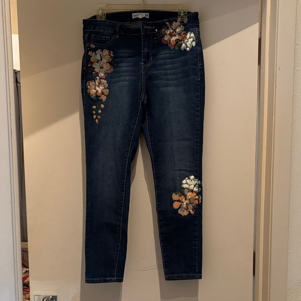 Artisan Dark Blue Skinny Jeans with Orange & White Floral Embroidery
